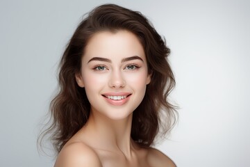 Beautiful face of young woman with perfect health skin, white background, happy