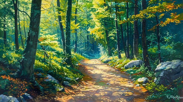 A captivating painting of a forest trail rich with autumn colors, sunlight streaming through the trees.