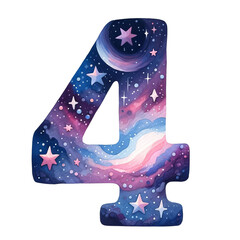 The number 4 is painted in a galaxy with stars and planets