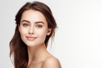 Naklejka premium Beautiful face of young woman with perfect health skin, white background, happy