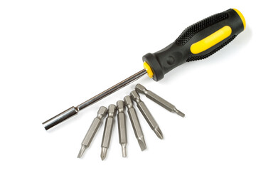 A screwdriver with a set of interchangeable tips on a white background. All-in-one work tools. - obrazy, fototapety, plakaty