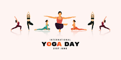 International yoga day wishing or gratings social media 21 June banner design with yoga pose and girls character posture vector illustration 