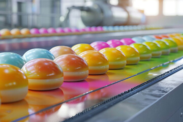 Colorful cartoon buns rolling off the production line