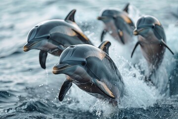 Obraz premium A pod of dolphins leaping joyfully in front of a sailboat at dusk