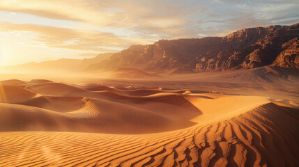 Naklejka premium Desert landscape with rolling sand dunes and rocky mountains in the background with golden sunlight