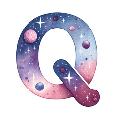 The letter Q is made up of many different colored stars and planets