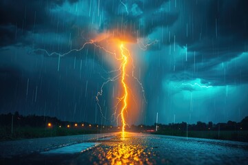 Close-up of a lightning bolt illuminating the night sky, showcasing the power of natures electricity