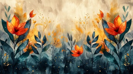 Watercolor floral abstract art, golden elements, textured background. Hand-drawn tropical plants, flowers, leaves. Prints, wallpapers, posters, murals.......