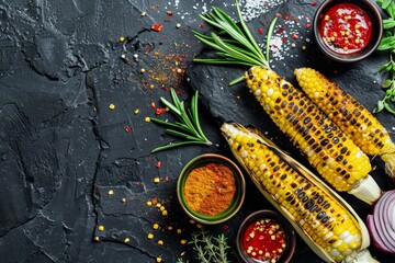 Grilled corn with spices and sauces on black stone background Top view Organic