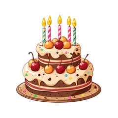 Birthday cake with three lit candles and cherry toppings, vector illustration. Generative AI