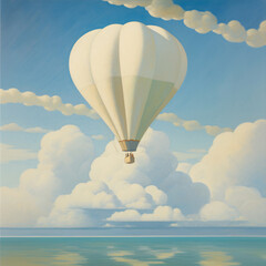 Fototapeta premium a calm relaxing nursery, story book illustration, painting of a hot air ballon in puffy clouds muted whites, blues, tans. social media post, art,