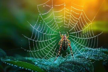 Early morning dew on the web of a spider, with a dense, green forest backdrop