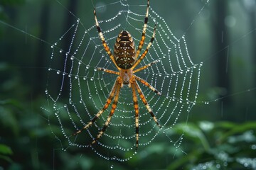Early morning dew on the web of a spider, with a dense, green forest backdrop