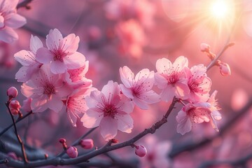 Sunlight filtering through a cherry blossom canopy, casting a soft pink glow