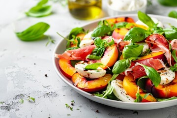 Grilled peach salad with mozzarella prosciutto basil olive oil balsamic on white stone plate