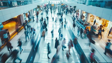Crowd of blurred busy airport business office workers employment city people market walking modern building rushing bustle culture work banking economic bank urban 