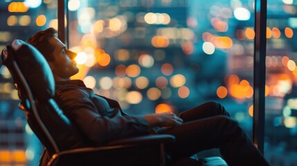 A blurred cityscape forms the backdrop for this power nap scene. In a busy office building an employee takes a muchneeded break from their desk and settles into a comfortable lounge .