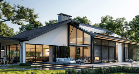 Fototapeta na wymiar 3D rendering of an exterior view, modern house with white walls and black roof. The left side has large windows on the ground floor that open to outside terrace with glass wall and sofa set