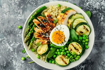 Grilled vegetable buddha bowl with chicken quinoa spinach egg zucchini asparagus Brussels sprouts and green peas on gray background Top view