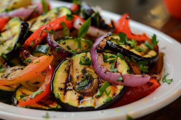 Grilled veggie salad with zucchini eggplant onion pepper and tomato - obrazy, fototapety, plakaty