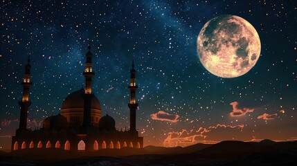A tranquil scene featuring a small mosque under a clear full moon, the sky painted with various shades of deep and light blue clouds