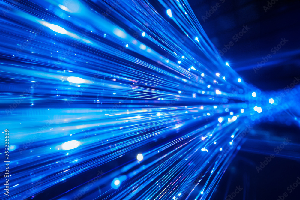 Aufkleber abstract blue glowing fiber optics background with lots of light rays and bokeh, futuristic technolo