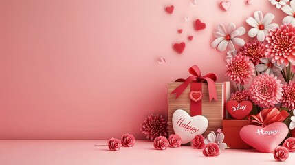valentine's festival background with gift box and flower on light pink background with copy space for your elegant words 