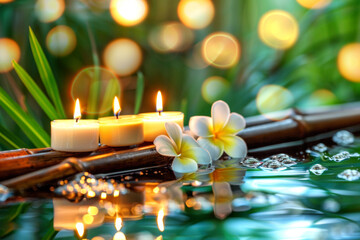 Three burning cosmetic candles on a bamboo stand, tropical flowers and leaves reflected in the water, sun bokeh, relaxation spa background