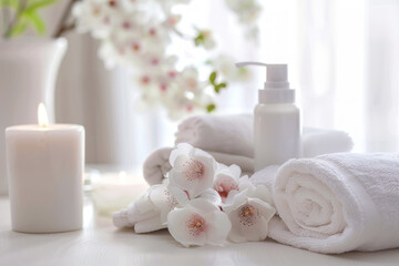 Fototapeta na wymiar Spa still life with lotion, cosmetics in a dispenser bottle, towels, aromatic candle and tropic flowers on white background, Spa salon