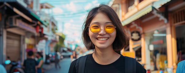Portrait of young Asian woman wearing yellow sunglasses and walking in the street.