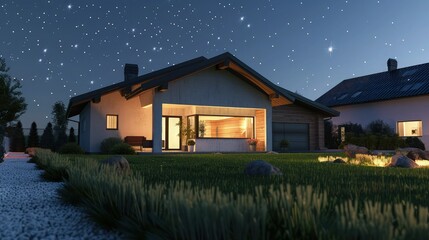 A sleek, modern house with a flat roof and expansive glass walls. The front garden features geometric landscaping with symmetrical plantings