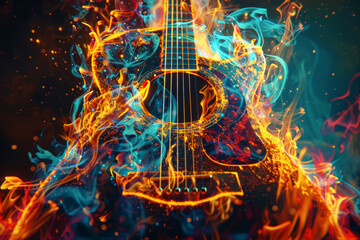 Fire blazing acoustic guitar engulfed in multi-colored fire flames and colored plasma. A fantastic illustration of music passion and inspiration - obrazy, fototapety, plakaty