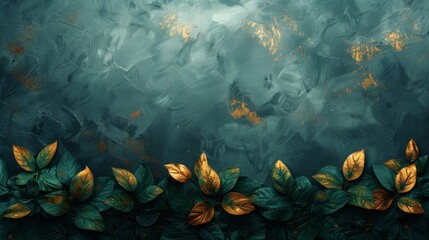 An abstract artistic background with retro, nostalgic, golden brushstrokes. Oil on canvas. Modern Art. Floral leaves, green, gray, wallpaper, poster, card, mural, carpet, hanging, print, etc... - obrazy, fototapety, plakaty