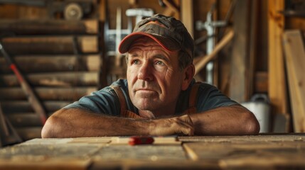 A portrait of a woodworkers tired but satisfied expression eyes focused on a completed piece that showcases their skill and dedication to the craft. .