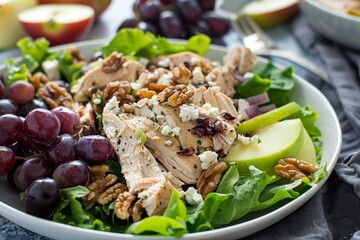 Healthy chicken salad with candied walnuts and fruit