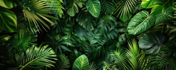 wallpaper with dense green tropical jungle foliage presenting various shades and leaf types. copy space for text.