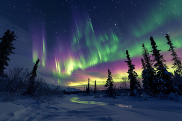 The northern lights (Aurora Borealis) dancing over a silent, snow-covered forest, with the colors of the aurora illuminating the night sky and casting. 32k, full ultra hd, high resolution