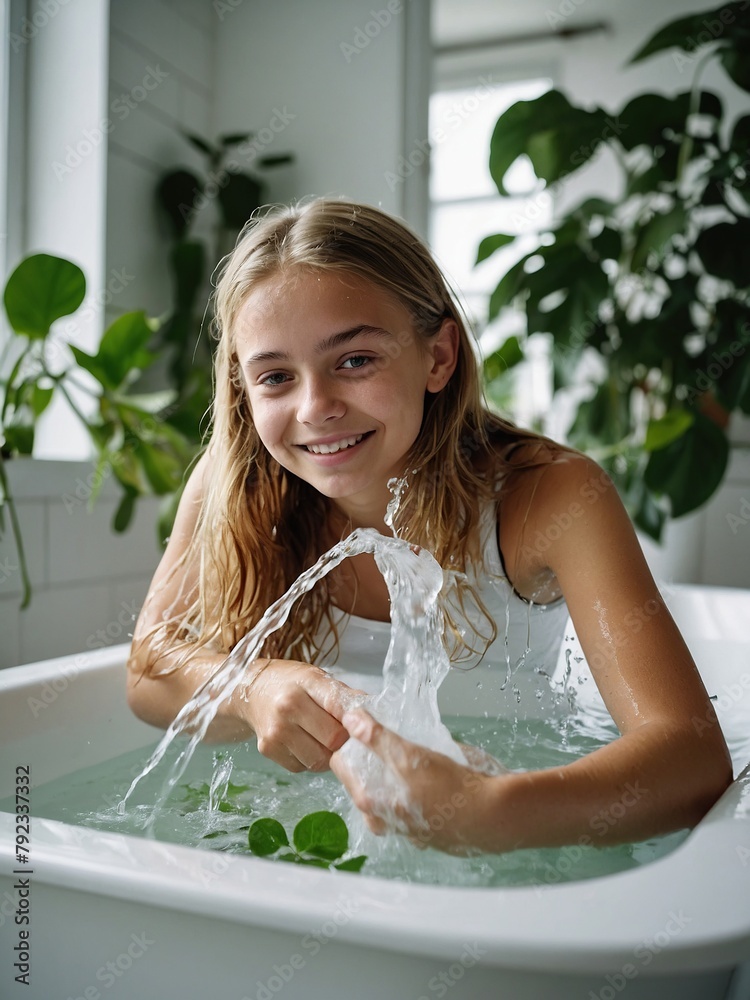 Sticker Happy young beautiful Caucasian woman takes care of her facial skin.