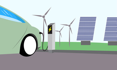 Electric car charging on parking . Illustration of clean electric energy from renewable sources sun and wind. Power plant station buildings with solar panels and wind turbines onin the field. Vector