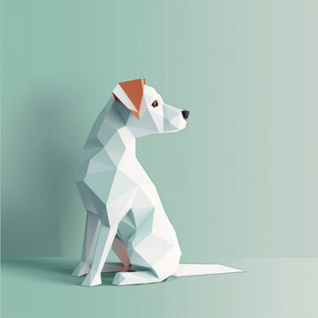 An image of a contemplative polygonal dog rendered in soft tones against a soothing mint background, in a modern 3D style.