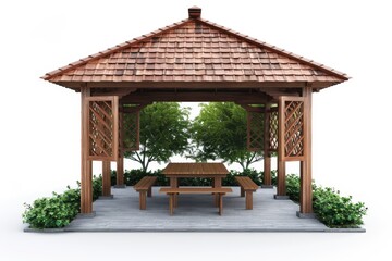 Image of wooden gazebo with picnic table and bench in garden on white background for easy selection