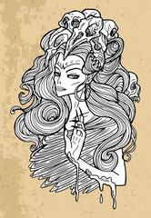 Scary fantasy engraved illustration with beautiful woman as demon with skulls in hair. Esoteric, mystic and gothic concept, Halloween background, character design