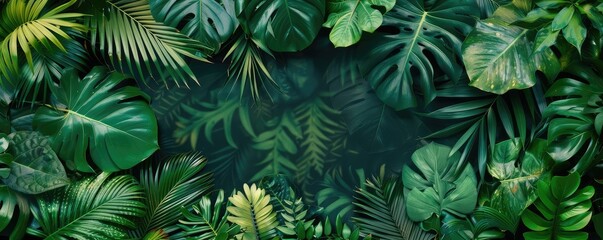 wallpaper with dense green tropical jungle foliage presenting various shades and leaf types. copy space for text.