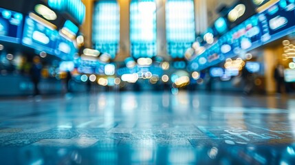 The defocused background of the stock exchange floor resembles a serene watercolor painting with shades of muted blues and greys transitioning seamlessly into each other. Amidst the .