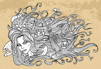 Scary fantasy engraved illustration with beautiful witch woman and ritual objects in hair. Esoteric, mystic and gothic concept, Halloween background, character design