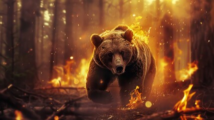 Grizzly in Forest Fires - obrazy, fototapety, plakaty