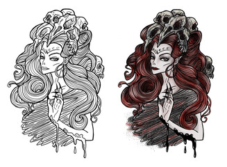 Scary fantasy engraved illustrations with beautiful woman as demon with skulls in hair. Esoteric, mystic and gothic concept, Halloween background, character design, coloring page