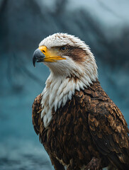 Fototapeta premium Lonely bald eagle under the sunset in the wild nature, Generative AI