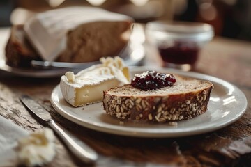 Irish soda bread with brie and jam on plate focused