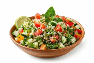 Isolated tabbouleh salad with veggies and couscous on white background